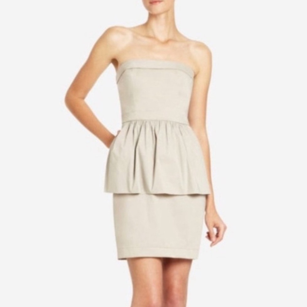 BCBG MaxAzria Huxley nude / stone color peplum‎ strapless dress size 8